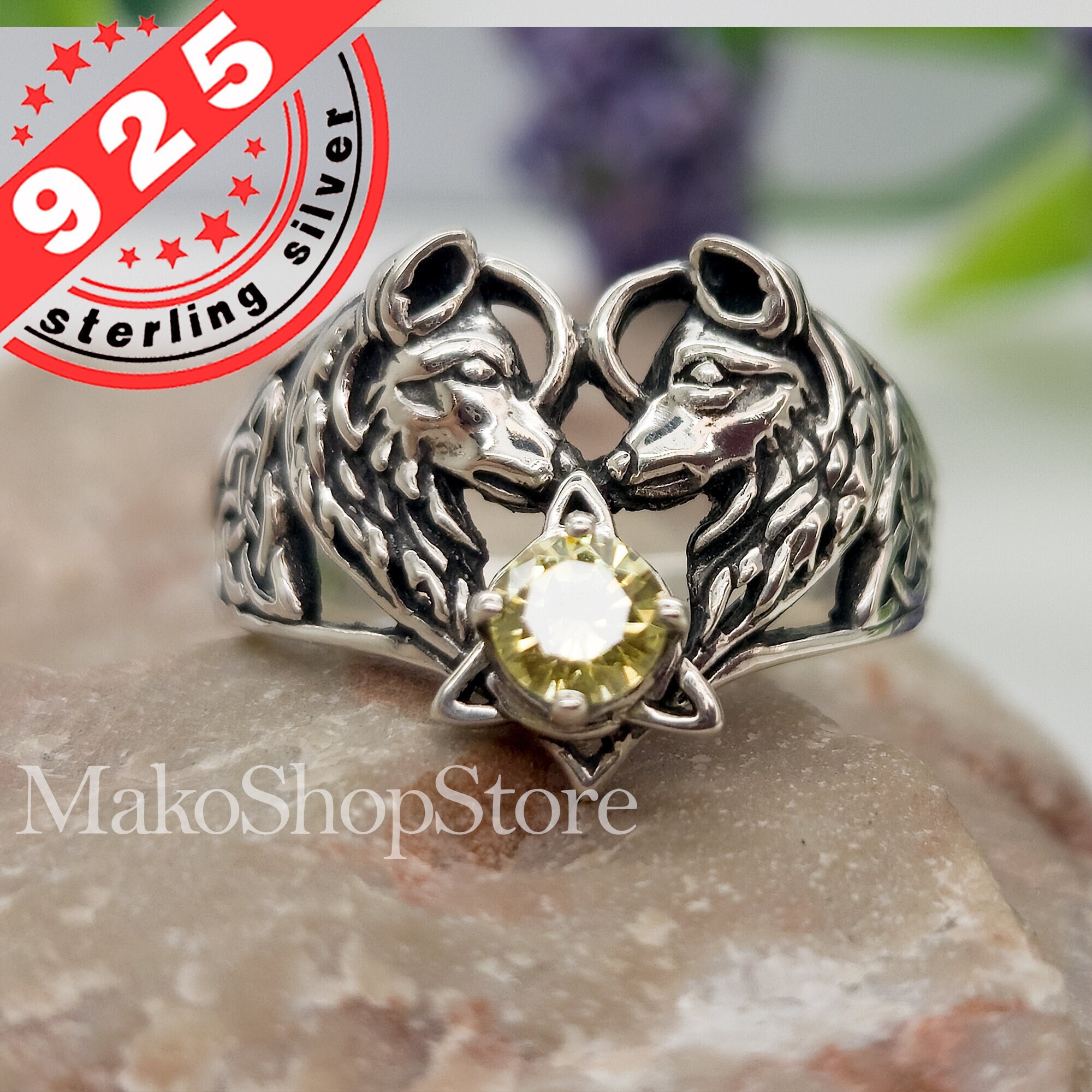 Wolf Couple Heart Celtic Triquetra Ring in Sterling Silver
