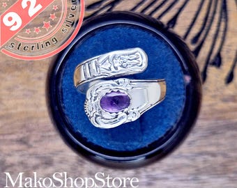 Thick Solid Victorian Design adjustable spoon ring with Amethyst for Ladies in Sterling Silver 925