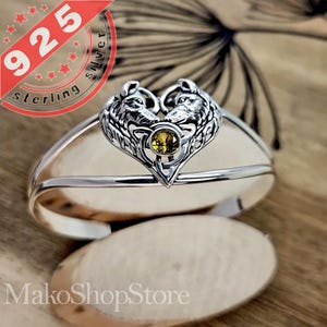 Wolf Couple Heart cuff bracelet in Sterling Silver 925 with Birthstone