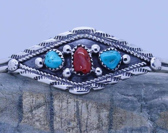 Genuine Sleeping Beauty Turquoise Red coral Sterling Silver 925 women Cuff Bracelet