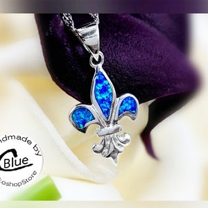 Pendentif fleur de lys en argent sterling 925 avec opale bleue ou blanche - Saints de la Nouvelle-Orléans - Lys français -