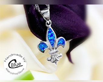 Blue or White Opal & Sterling Silver 925 Fleur-de-Lis Pendant - Saints New Orleans - French Lily -