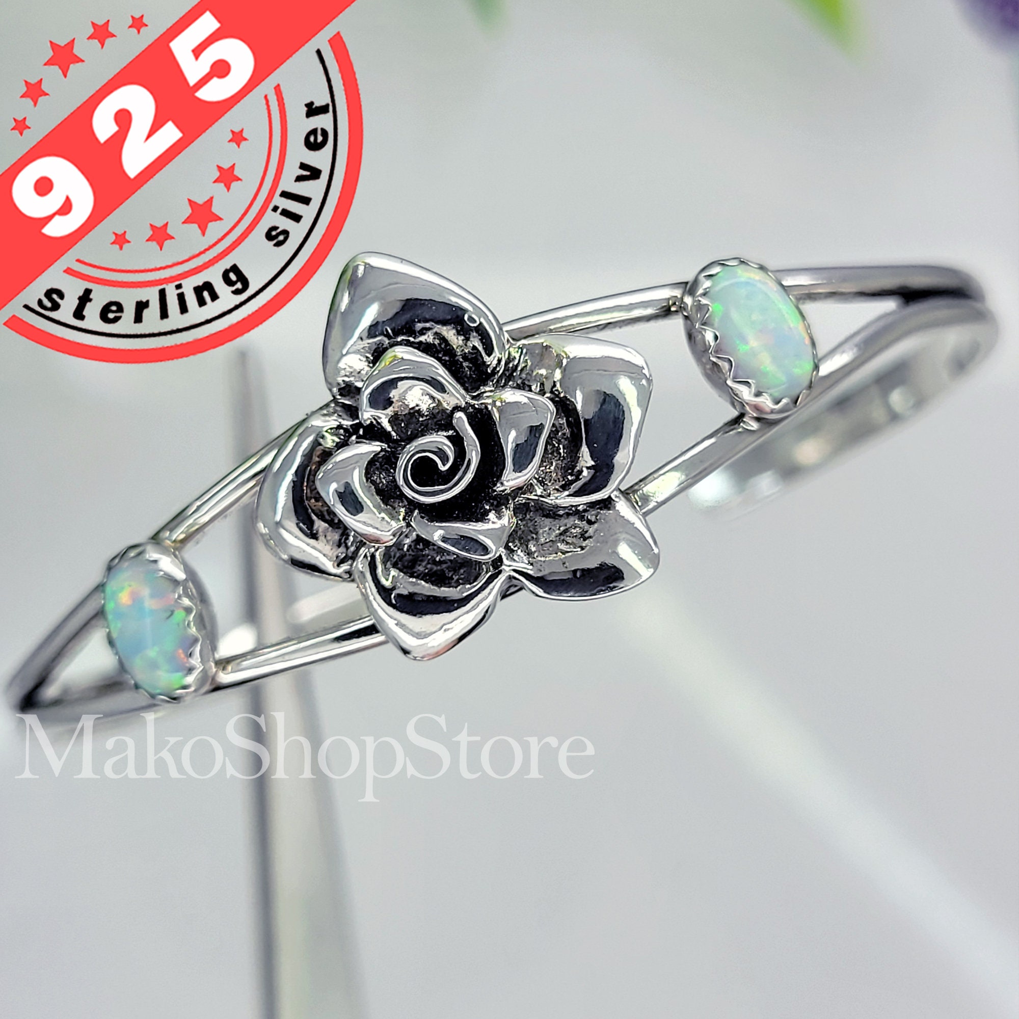 Solid Sterling Silver 925 Rose Flower women Cuff Bracelet with gemstones Opals