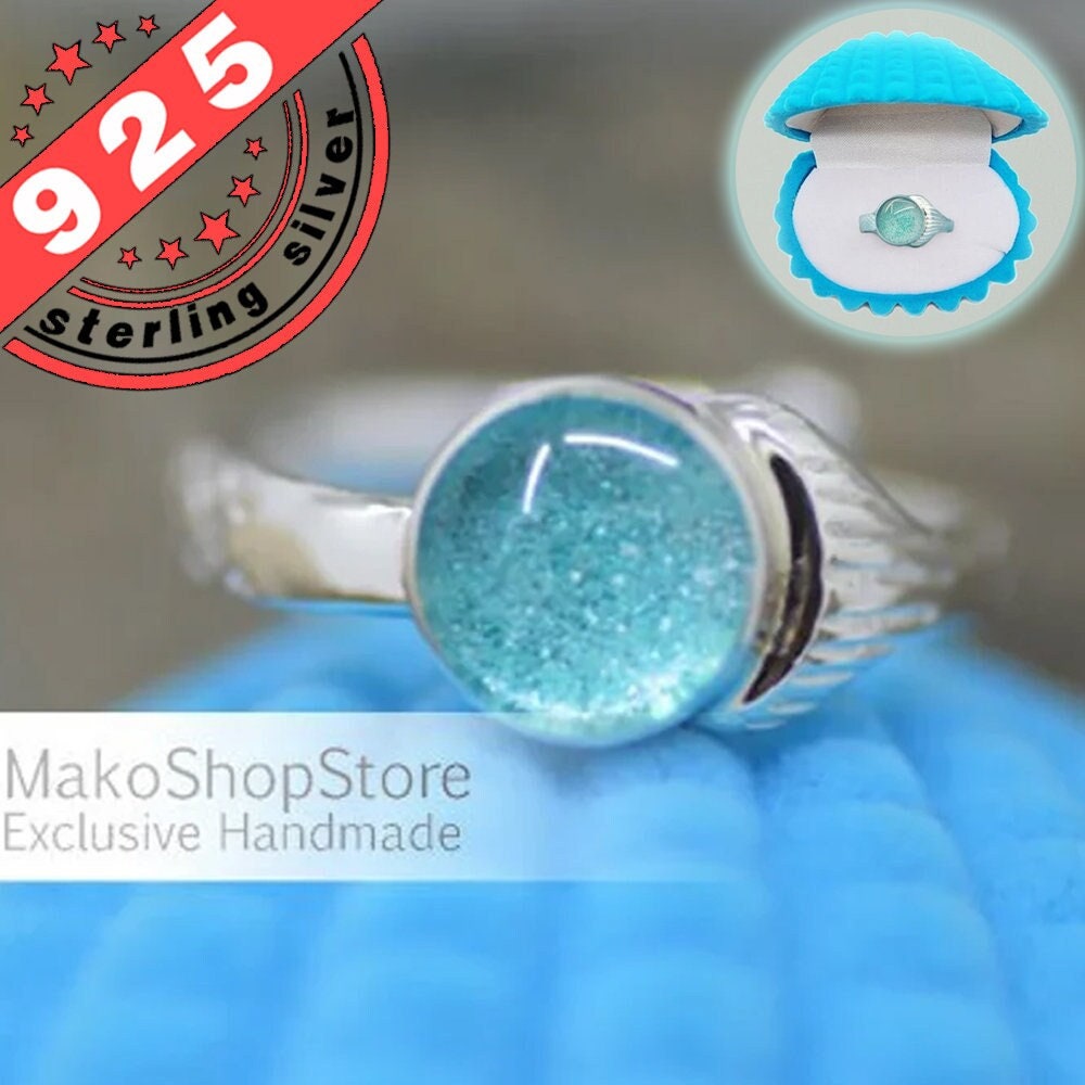 Hand Made H2O Just Add Water Mermaid Tail Ring Dark Blue Cabochon 10mm  925Silver