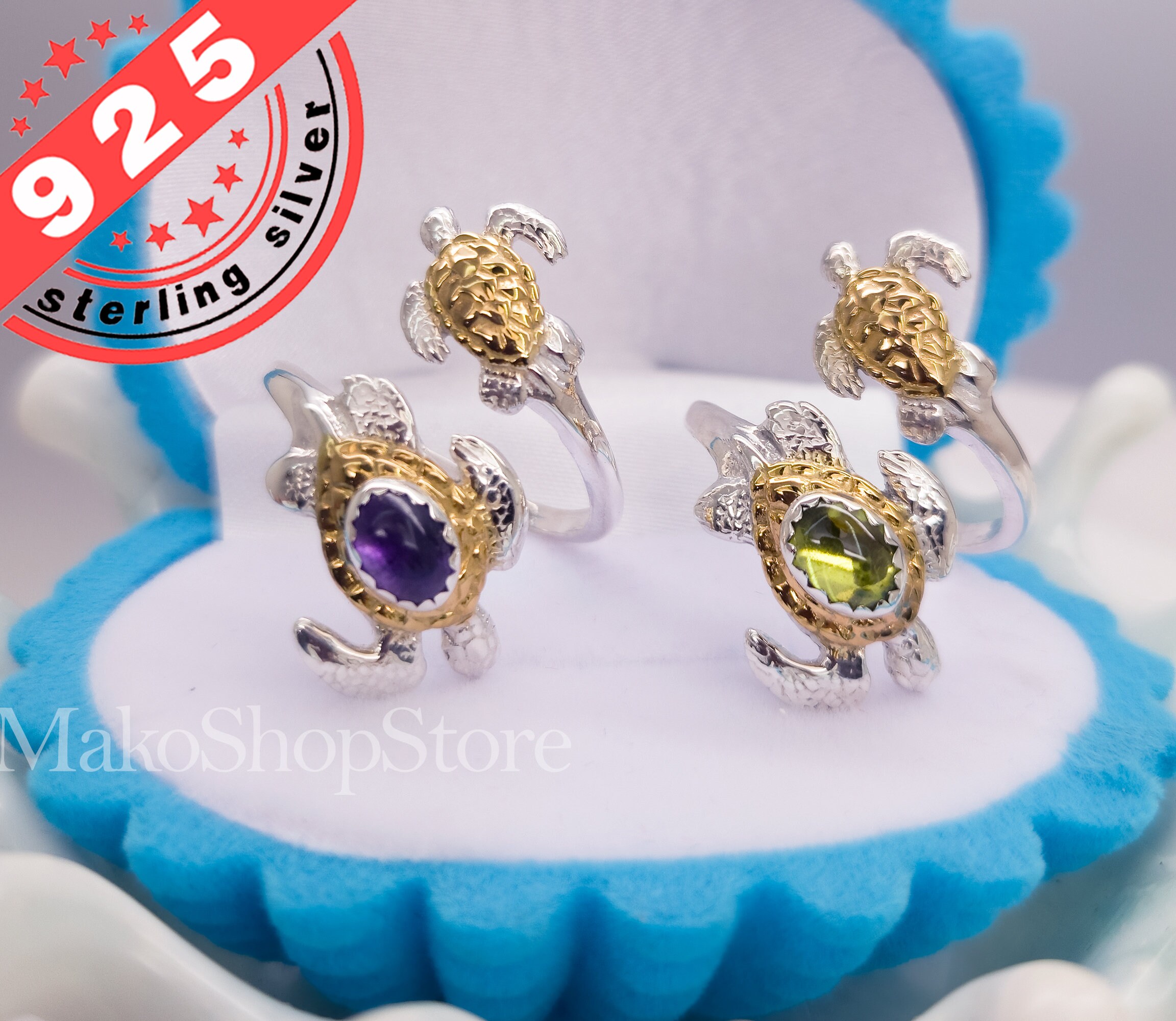 Turtle Servant Ringer 14K Gold and Silver Sea Turtles Adjustable Spoon Ring With Rainbow ...