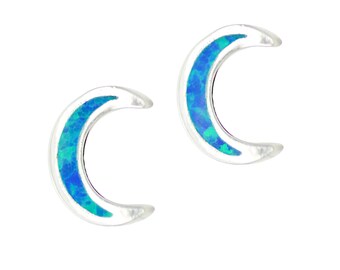 Celestial Moon Crescent Sterling Silver 925 Stud Earrings with Blue Opal Inlay