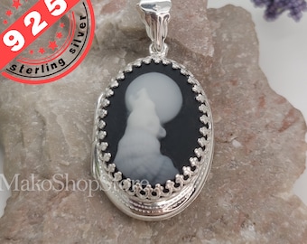 Howling Wolf Cameo Locket Pendant in Sterling Silver 925