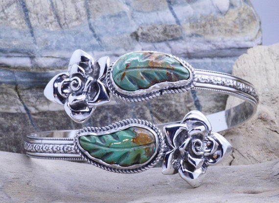 Sterling Silver 925 Rose Flowers Turquoise Leaves Women Cuff