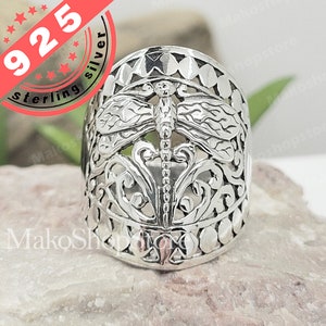 Wide Dragonfly ring in sterling silver 925 handmade in any size Filigree detailed solid ring