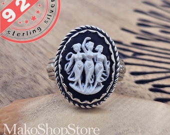 3 Muses Sisters Cameo Lady ring in Sterling Silver 925 handmade by artist any ring size