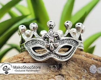 Anillo de máscara Fleur-de-Lis Mascaraed Louisiana Mardi Gras Sterling Silver 925 de cualquier tamaño