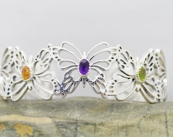 Butterfly Sterling Silver 925 Bracelet with 3 Genuine Gemstones of your choice or without gemstones