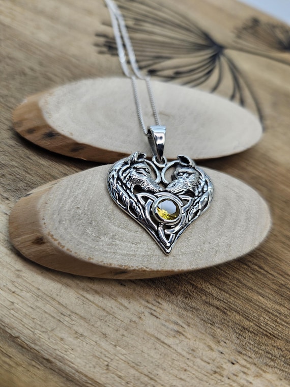 Wolf Couple Heart Pendant in Sterling Silver 925 With