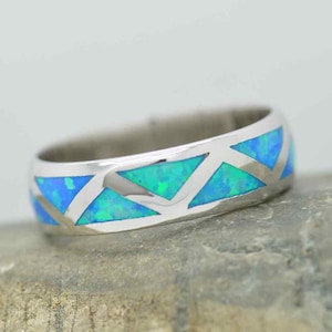 Blue Opal Inlaid Sterling Silver Band all the way around .925