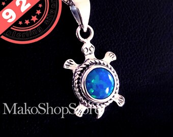 Turtle Sterling Silver 925 Necklace with Blue Fire Opal Inlay