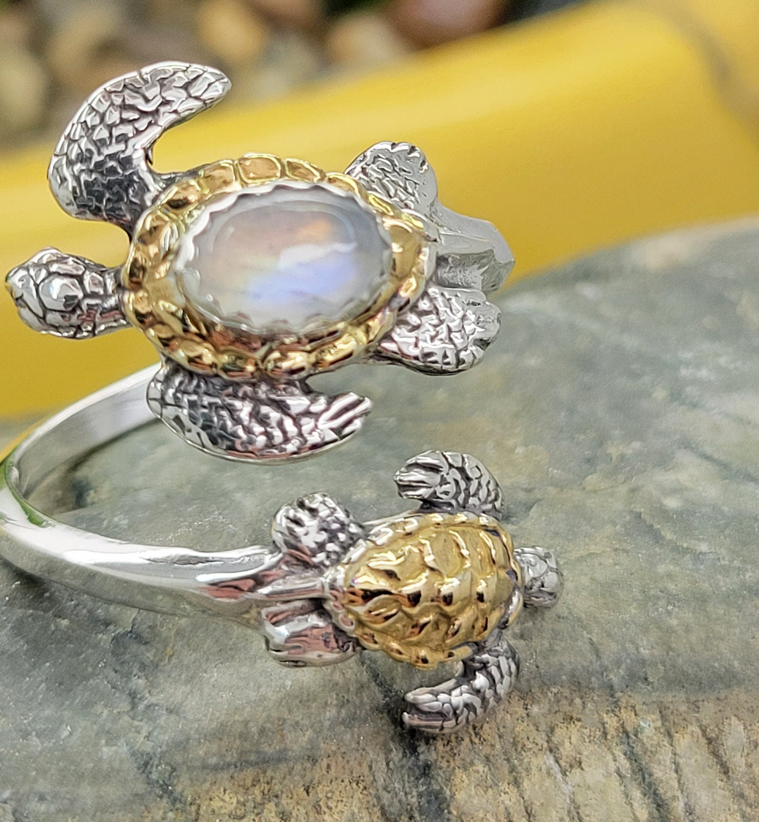 14K Gold and Silver Sea Turtles Adjustable Spoon Ring With Rainbow ...
