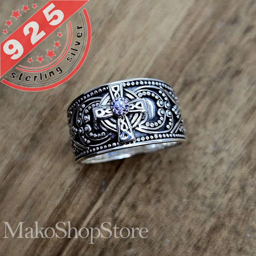 Celtic Cross Wideband Ring in Sterling Silver 925 With Birthstone or ...