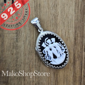 Large 3 Muses Cameo Locket Pendant in Sterling Silver 925 three ladies graces black and white