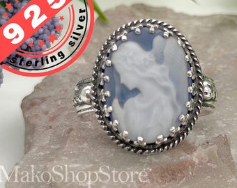 Genuine Agate Angel Cameo ring in Sterling Silver 925 handmade by artist any ring size Blue or Black