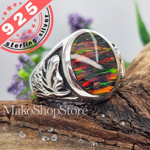 New! Wolf Heads Inlaid Black Midnight Fire Opal Ring in Sterling Silver 925 handmade by our Artisan Exclusive