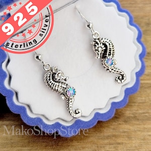 Seahorse earrings Sterling Silver 925 with gemstone of your choice dangling french wires or leverbacks