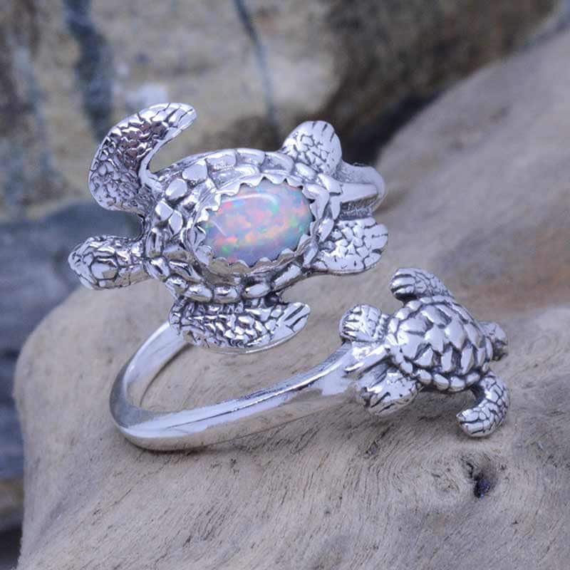 Sea Turtles Adjustable Spoon Ring With Genuine Gemstone of Your Choice ...
