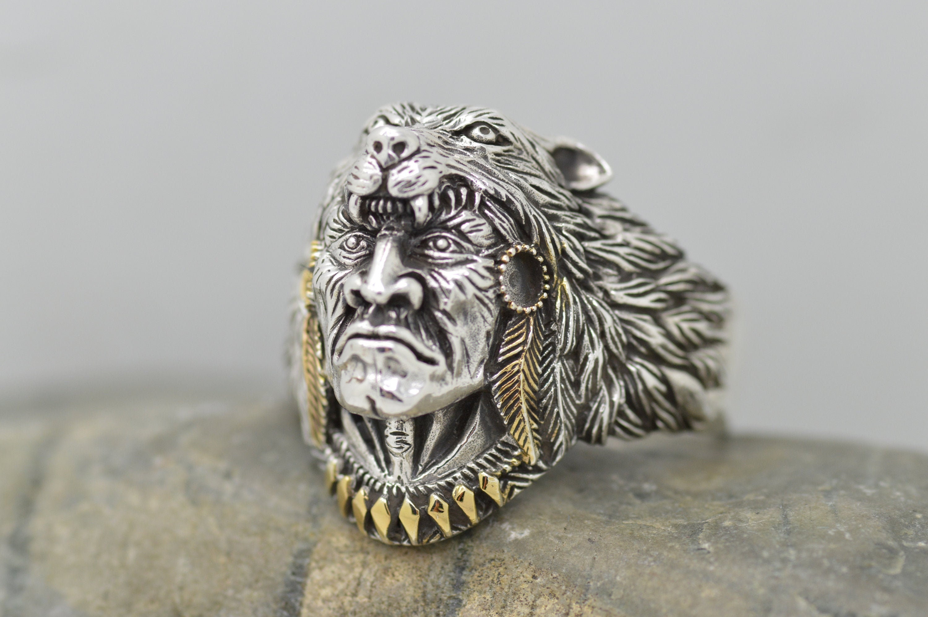 Native American Chief Ring in Sterling Silver 925 and 10k Gold Fillings Wolf Head Men RING Etsy