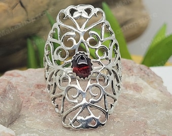 Wide Filigree swirl Ring in Sterling Silver 925 size 5 to 12.5 with Red Garnet or other gemstone of your choice