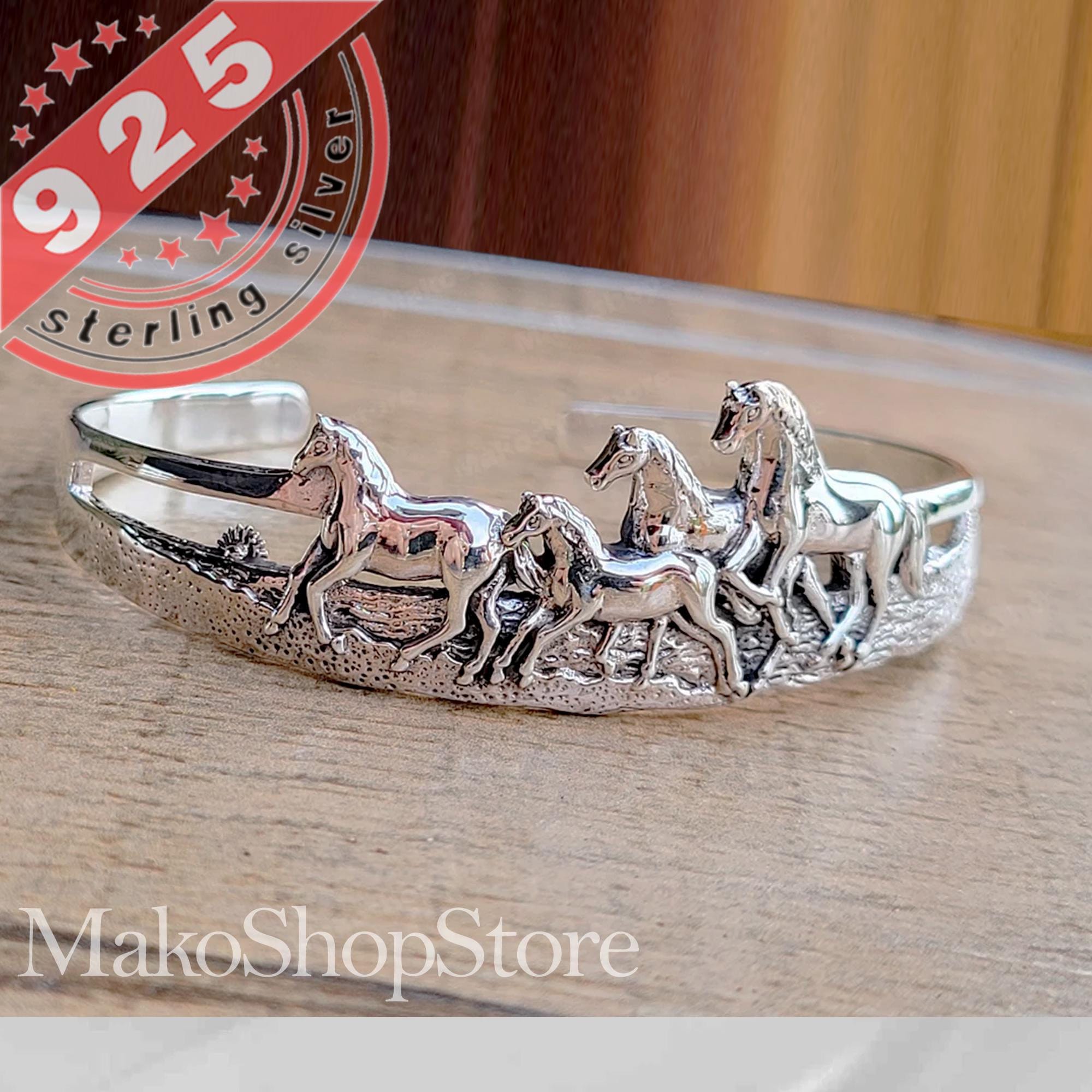Sterling Silver 925 Horse Herd Galloping Women Cuff Bracelet - Etsy