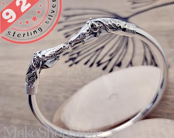 Sterling Silver 925 Horse Heads women Cuff Bracelet bangle