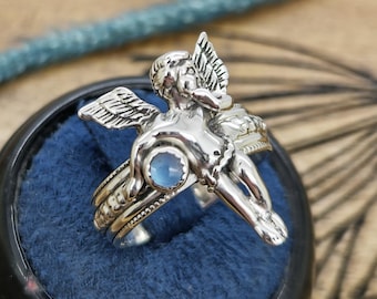 Cherub Winged Angel ring with gemstone  in Sterling Silver 925 size 5 to 12.5