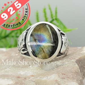 Natural Labradorite Wolf Heads Inlaid Ring in Sterling Silver 925 handmade by our Artisan Exclusive