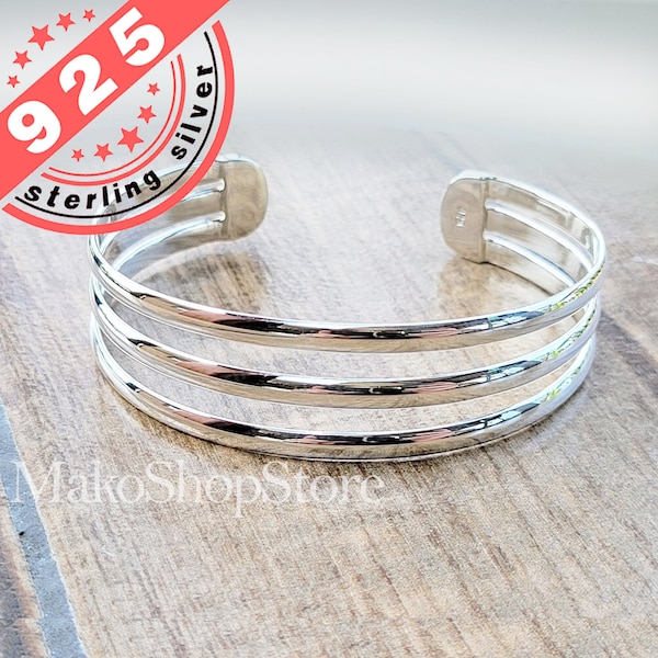 NOUVEAU Bracelet manchette pour femme en argent sterling 925 Unique avec 3 rangs Poinçon classique simple 925