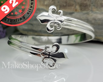 Brazalete ajustable con flor de lis en plata esterlina 925 Brazalete pequeño, mediano, grande o XL