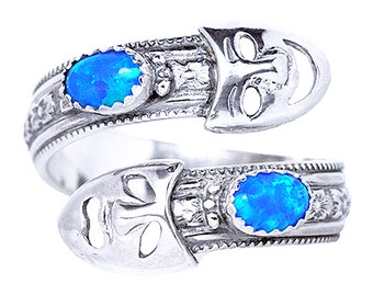 Comedy Tragedy Drama Masks Double Gemstone adjustable spoon ring with your choice of gemstone for Ladies in Sterling Silver 925 blue opal