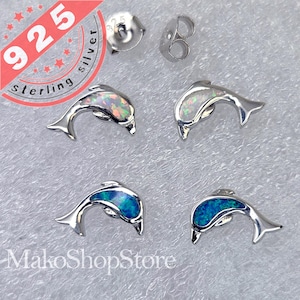 Dolphin Sterling Silver 925 Stud Earrings with Blue or white Opal Inlay