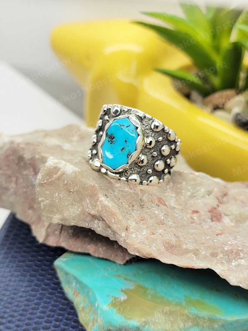 Authentic Sleeping Beauty Turquoise Set on Beaded Wide Band Ring in ...