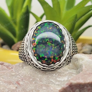Dragon scales Black Fire Opal Ring in Sterling Silver 925 Ring Scales Shank handmade by Artisan