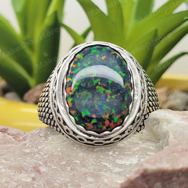 Drakenschubben Black Fire Opal Ring in sterlingzilver 925 Ringschalenschacht handgemaakt door Artisan