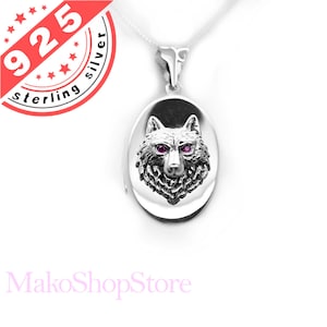 Wolfskopf Medaillon Anhänger aus Sterling Silber 925 mit roten Rubin Augen