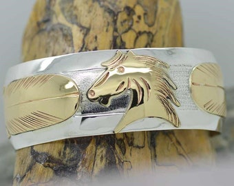 Sterling Silver 925 and 12k Gold-filled Horse Head and Feathers Wide cuff bracelet for women