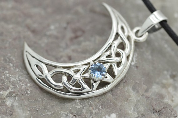 Moon Crescent filigree pendant in Sterling Silver 925 with Birthstone