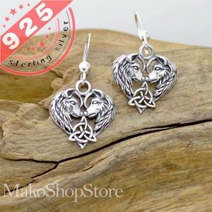 Wolf Couple Heart dangling earrings in Sterling Silver 925
