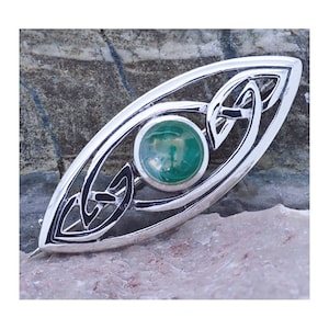Green Agate Celtic Knots Intricate Brooch in Sterling Silver 925