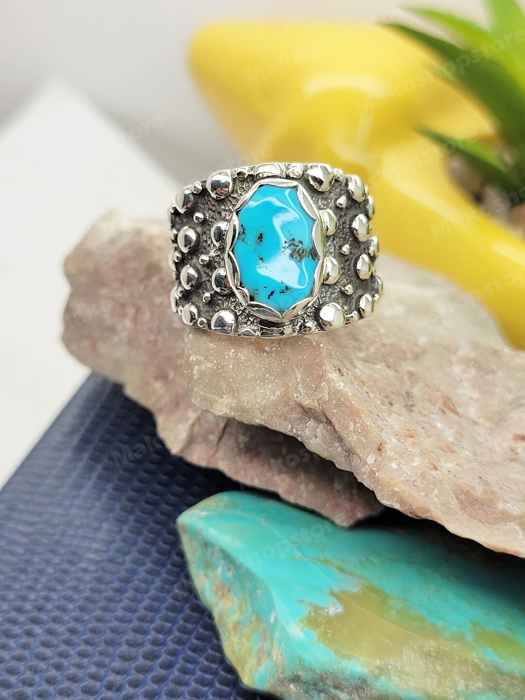 Authentic Sleeping Beauty Turquoise Set on Beaded Wide Band Ring in ...