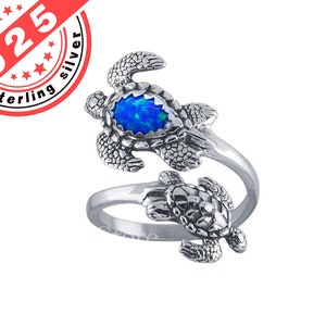 Sea Turtles adjustable spoon ring with Blue Opal for Ladies in Sterling Silver 925