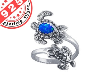 Sea Turtles adjustable spoon ring with Blue Opal for Ladies in Sterling Silver 925