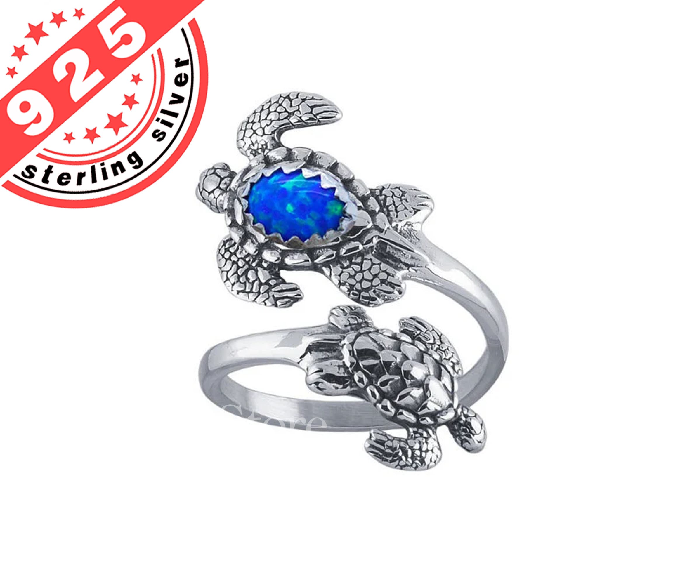 Sea Turtles Adjustable Spoon Ring With Blue Opal for Ladies in Sterling ...