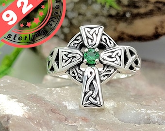 Anillo de cruz celta de plata de ley con piedra de nacimiento: diseño de  filigrana triquetra, hecho a mano en