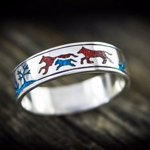 Wolf ring in Sterling Silver 925 with Turquoise and red Coral inlay